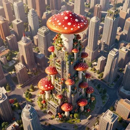 a magnificent mushroom skyscraper in a solarpunk city, red and white spotted mushroom, lat lighting, highly populated and full of life, isometric aerial view, epic sense of scale, digital art by beeple, trending on artstation