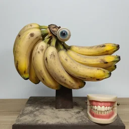 a dusty dry taxidermy of a bananas, glass eyeballs, false teeth,