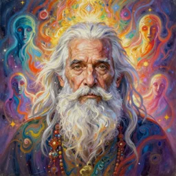 beautiful detailed acrylic painting of a psychedelic and mystical elderly man, has white hair and beard, surrounded by multicolored spiritual ghosts