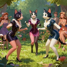 humanoid cats in latex dress playing in the garden, surrounded by miece audience, masterpiece, pinup, highly detailed, digital painting, artstation, concept art, smooth, sharp focus, illustration, Unreal Engine 5, 8K