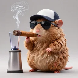 chubby anthropomorphic rat smoking an enormous cigar, wearing sunglasses, long fur, baseball cap, anthropomorphic, blender, 3d render, 4k