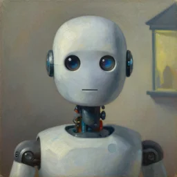 super - intelligent robot with kind eyes portrait, grant wood, pj crook, edward hopper, oil on canvas