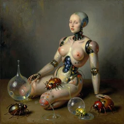 strange seductive futuristic robot body, enticing colorful oil painting dutch golden age vanitas sensitive still life sparse composition with bulbous objects strange gooey transparent surfaces shiny metal reflections bizarre mutant meat insects rachel ruysch dali todd schorr very detailed perfect composition rule of thirds masterpiece canon 5 0 mm, cinematic lighting, photograph, film, hyper real