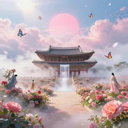 heaven, flower garden of versailles, korean tall palace of flower, waterfall from the clouds, heavenly flower garden of courtyard, in the clouds, butterfly, sky full of petals, oriental fantasy, pink sun, style of ghibli, wreathed in mist and bright sunshine, by alex jansson and asher brown durand and eddie mendoza, ultra realistic, 8 k, ultra wide angle shot