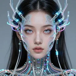 very beautiful woman, bionic pupils!, full face frontal centered, portrait, detailed intricate symmetrical ornate neon cables connected to head, clear lips, luxurious long hair, sophisticated abundent!! neon wiring and implants, translucent!, porcelain, fractal, sci fi, dramatic lighting, photography, highly detailed, artstation, deviantart, 8 k, by chie yoshii