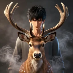 A deer man, in style of manga, detailed, symmetric, lights and smoke, symmetrical composition, cinemática, hyper realism, 8k, octane render, 8k