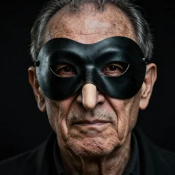 a highly detailed portrait photo of an old man, wrinkles, moody, sinister looking, long nose, crooked nose, black pulcinella masquerade mask, backlit, muted colors, black background, close - up photo, extremely detailed skin, blemishes, acclaimed, nikon 5 0 mm, masterpiece