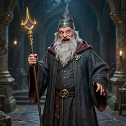 highly detailed, hyper realistic wizard, funny, with a dungeon background by studio muti