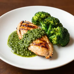 Grilled chicken, chimichurri sauce, roasted broccoli, Michelin starred restaurant, award winning photography