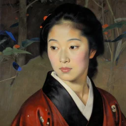 a portrait painting of a character in a scenic environment, texture by shibata zeshin, lacquerware