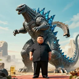 kim jong - un as a giant robot fighting godzilla award winning photo