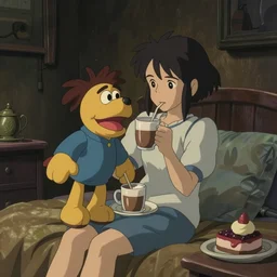 beautiful scene render of a girl is sitting on the bed, holding a giant puppet, dimly lit bedroom, hot cocoa drink, dessert, perfectly shaded, atmospheric lighting, style of makoto shinkai and peter mohrbacher, studio ghibli. artgerm, karol bak, beeple, animation style, 8 k hd, ultra wide angle, hyper detailed