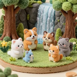 high - res photograph of a felt sculpture diorama with cute fluffy forest critters, highly detailed sculpey diorama, forest setting, waterfall backdrop, realistic materials, wood, felt, cloth, burlap, smooth, sharp foccus, commercial product photography,