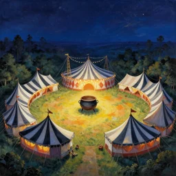 a magical circus in a field at night with large black and white tents in a circle with a large cauldron in the middle, artwork by gerald brom, masterpiece, 4 k