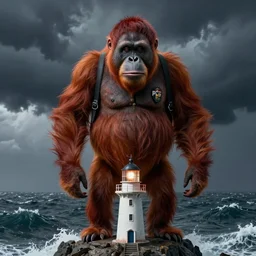 realistic portrait red orangutan as fbi agent stand on top of lighthouse, stormy sea, night, storm, artstation trends, sci fi concept art, highly detailed, intricate, sharp focus, digital art, 8 k