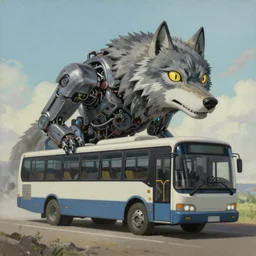 Transformer hybrid of bus and wolf, having cabin if form of wolf head with big yellow eyes looking at us and long body of bus with wheels and windows, mechanical form of life, oil on canvas, fantasy, digital painting, concept art, smooth, sharp focus, illustration, artstation trending, octane render, unreal engine, Ghibli, anime style