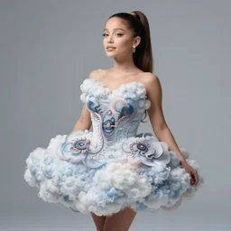 portrait of ariana grande wearing a cloud dress, soft layers, intricate design, fractals by iris van herpen and david lachapelle
