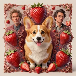 strawberry corgi : by michal karcz, daniel merriam, victo ngai and guillermo del toro : ornate, dynamic, particulate, intricate, elegant, highly detailed, centered, artstation, smooth, sharp focus, octane render