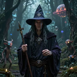 fine portrait of an occult wizard in a fantasy forest with beings from another planet, ultra-realistic, 16K 3D, crying engine