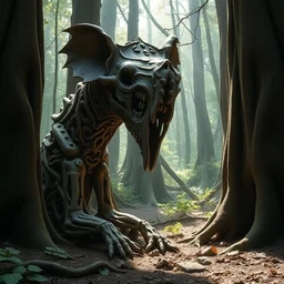 ornate carved rat skull statue inside ancient forest, natural light, artwork by neil gaiman maria panfilova andrea savchenko mike kime ludovic plouffe qi shengluo oliver cook julian calle eddie mendoza, trending on artstation