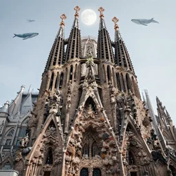 colossal gothic cathedral under a pale moon, perspective view, super tall spires, enormous arches, structure cover in coral reefs, whales swimming around in the background, low angle shot, darek zabrocki, marcin rubinkowski, lorenzo lanfranconi, oleg zherebin, karlkka, trending on artstation, 8 k
