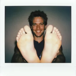 polaroid of dan schneider smiling, holding feet, embracing feet, up close toes