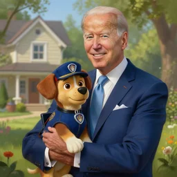 beautiful cottagecore handsome joe biden holding a paw patrol dog named chase, intricate, elegant, highly detailed, digital painting, artstation, concept art, smooth, sharp, focus, illustration, art by ruan jia and greg rutkowski and j. c. leyendecker