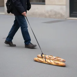 a man walking a baguette on a leash, baguette on a walk