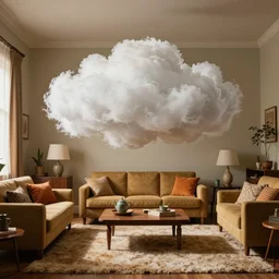 a cloud hovering in the middle of a retro 1970s living room with shag carpet and vintage decor
