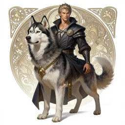 full body photography of a male anthropomorphic husky sorcerer, deep focus, d & d, fantasy, intricate, elegant, highly detailed, digital painting, artstation, concept art, matte, sharp focus, illustration, hearthstone, art by artgerm and greg rutkowski and alphonse mucha