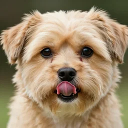 closeup portrait of a small light brown furry dog with tongue licking its nose, natural light, sharp, detailed face, magazine, press, photo, Steve McCurry, David Lazar, Canon, Nikon, focus