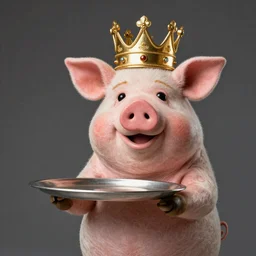 pig hiker wearing a gold crown as a Muppet holding a silver platter 8k