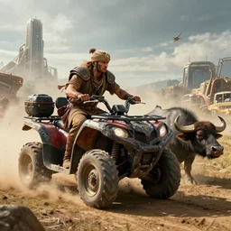 ancient, woodpunk, indian on atv, buffalo chase ,attacking, action scene, an epic fantasy, dramatic lighting, cinematic, establishing shot, extremely high detail, photorealistic, cinematic lighting, artstation, octane render, by simon stalenhag, horizon forbidden west and futuristic western