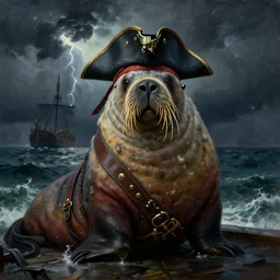 portrait an walrus who is a pirate captain on a ship, dark storming sea and thunderstorm in the background, oil painting by alexander roslin, 4k, concept art highly detailed, trending on artstation, fantasy matte painting