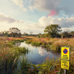 epic scene of cambridgeshire wetlands, digital art, concept design, colourful spray paint splatters, health and safety decals, cinematic