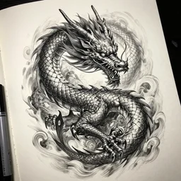 highly detailed picture of great dragon, sketch tattoo, dark, black theme, japan style, highly detailed, masterpiece, trending on artstation, golden ratio, cinematic romantic magical, perfect intricate
