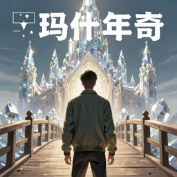 comic book cover of character in jacket, back facing the camera on a old wooden bridge looking up at crystal temple, zoomed out,highly detailed, professional digital painting, Unreal Engine 5, illustration, HD quality, 8k resolution, cinema 4d,  cinematic, professional photography, art by artgerm