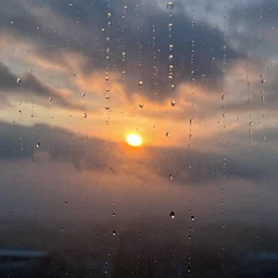 looking at the sunset through dripping wet glass, rain, fog, clouds, shine, glimmer, reflections, prism, hdr, metallic colors, sharp focus, photography, unreal engine, trending on artstation, photorealistic, octane, trending on deviantart