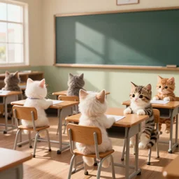 anthropomorphic cute kittens sitting at their desks on the first day of kindergarten, medium shot by Wes Anderson