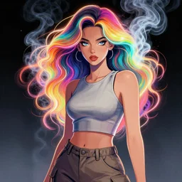 a award winning half body portrait of a beautiful woman with stunning eyes in a croptop and cargo pants with hair made from rainbow colored smoke, outlined by whirling illuminated neon lines, outrun, vaporware, shaded flat illustration, digital art, trending on artstation, highly detailed, fine detail, intricate