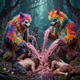 an orgy of colorful, beautiful flesh - eating giant timikawas with rainbow fur eating terrified humans, in a whimsical forest with melting trees, nightmare scene, supernatural, highly detailed, creepy, terrifying, david cronenberg