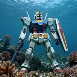 abandoned derelict gundam in a coral reef