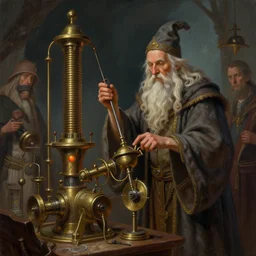 an old wise wizard operating a random pointlessly elaborate intricate contraption pneumatic machine, dnd character art portrait, matte fantasy painting, deviantart artstation, by jason felix by steve argyle by tyler jacobson by peter mohrbacher, cinematic lighting