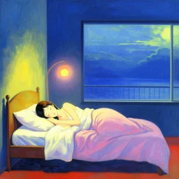 a woman sleeps in levitation above her bed vibrant by akihiko yoshida and edward hopper 4 s 4 5 ss 5 4 5