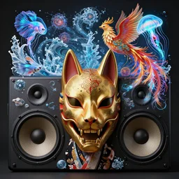 frontal 2 large sound speakers with ram golden skull. beautiful intricately detailed japanese fractal kitsune mask and classical japanese kimono. betta fish, jellyfish phoenix, bio luminescent, plasma, ice, water, wind, creature, mandelbulb, fractal, artwork by tooth wu and wlop and beeple and greg rutkowski