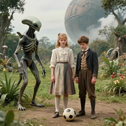 sharp, highly detailed, 435456k film, 1612800mm film still from a sci fi blockbuster color movie made in 2019, set in 1860, of a girl and a boy standing soccer with an humanoid alien creature, next to some alien plants, in a park on an alien planet, wearing 1860s era clothes, good lighting, good photography, ultra high definition, in focus