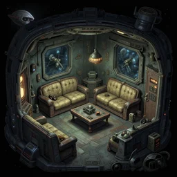 an officer's living quarters on an alien spaceship, from a space themed point and click 2 d graphic adventure game, set design inspired by hg giger and tomb raider, art inspired by thomas kinkade