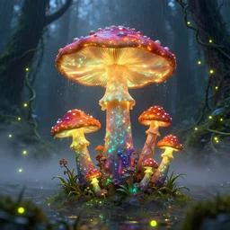 glowing mushrooms in swamp fog, mist, fireflies, vines, bioluminescent, rain, trending on artstation,, vibrant, intricate detail, dramatic lighting, octane render, weta digital, micro details, 3 d structure, ray trace, highly detailed and intricate, sharp focus, photography, unreal engine