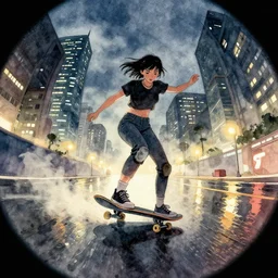 punk girl skateboarding in the city, simple watercolor, rough paper texture, backlit cyberpunk buildings, wet roads at night reflecting the lights from buildings, dust, fog, cloudy night sky, dslr, 4 k, fisheye