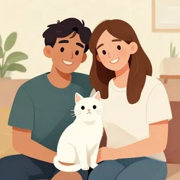 a couple, gregoire and manon, digital art, with white cat